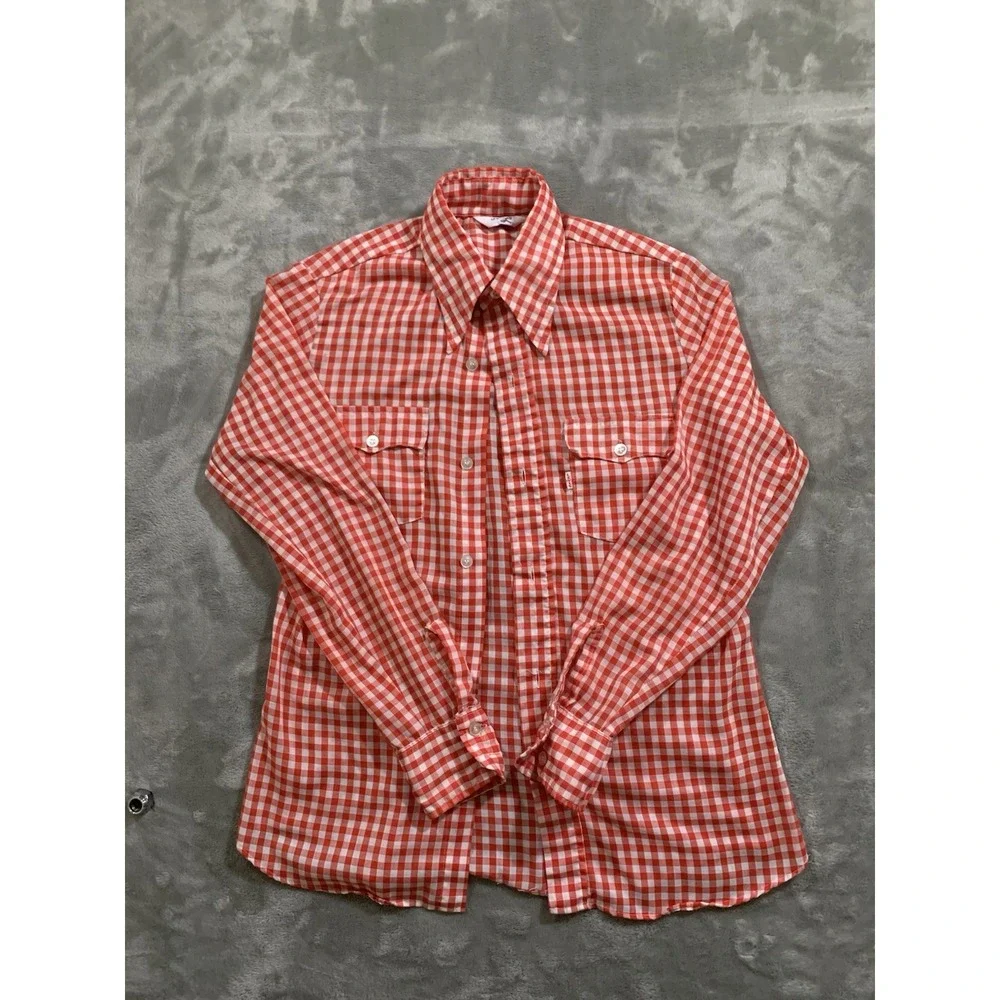 Vintage 60s 70s Levi's Plaid Gingham Western Button Shirt Size M Big E